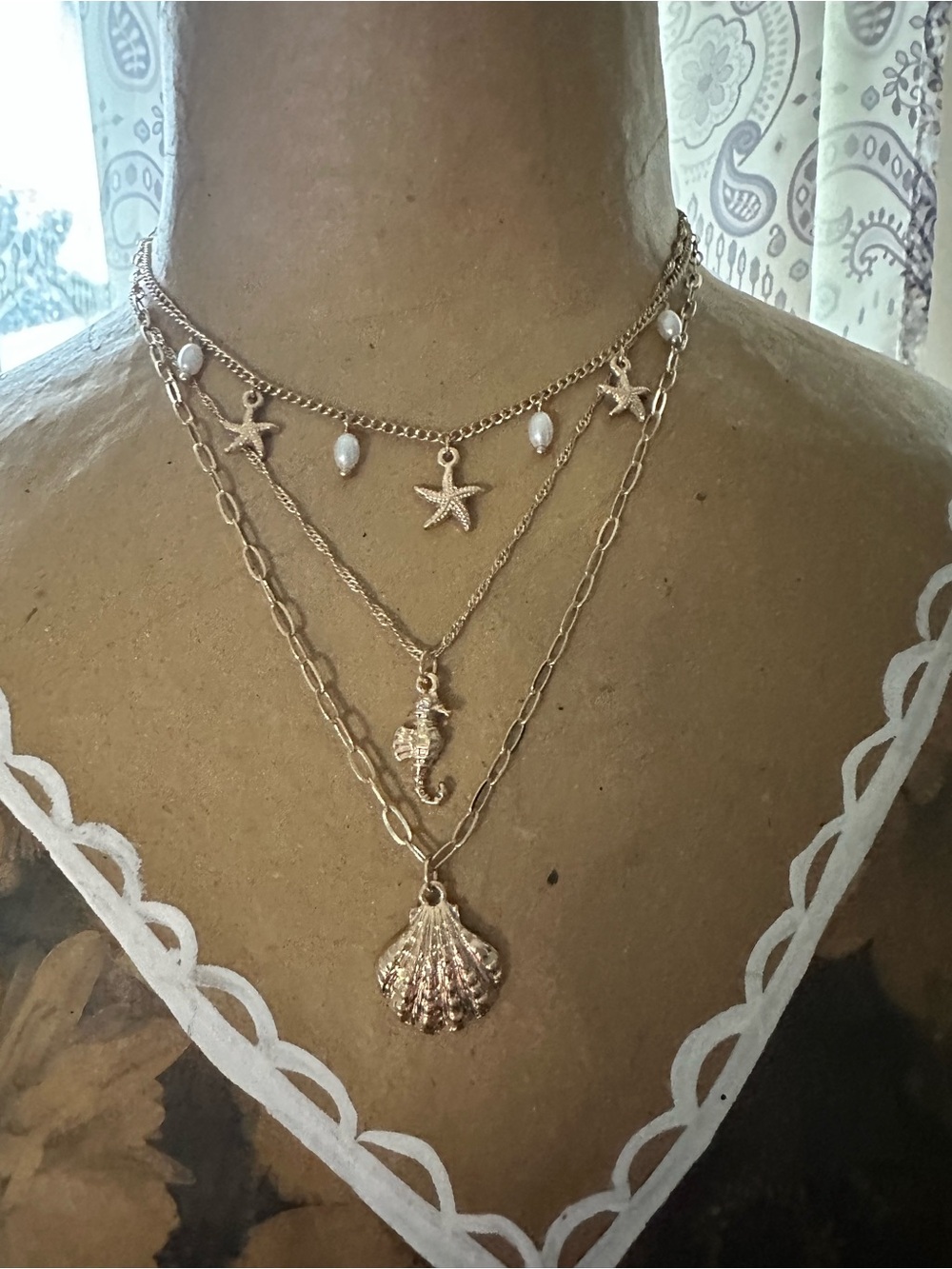 Gold Layered Sea Charm Necklace with Pearls - Women Jewelry